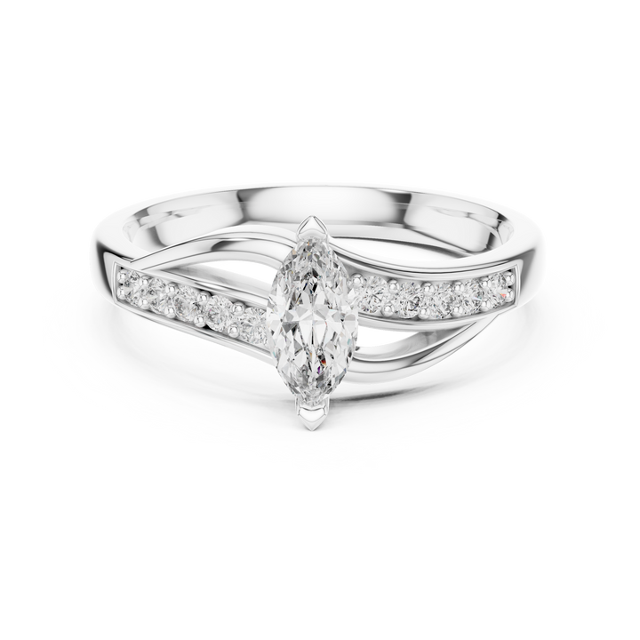 Marquise solitaire lab-grown diamond ring with lab-grown diamond shoulders, front view, by THE LAB Jewellers