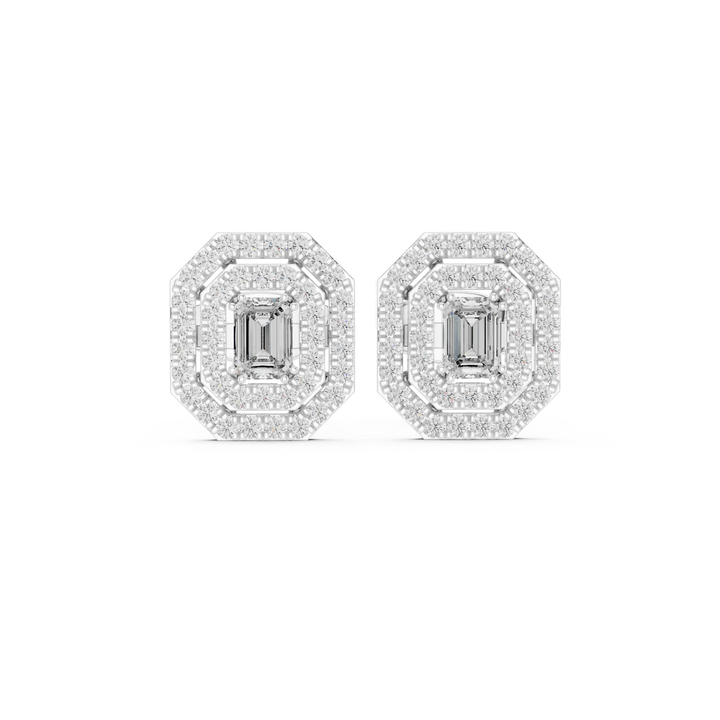 Emerald-cut double halo lab-grown diamond stud earrings, front view, by THE LAB Jewellers