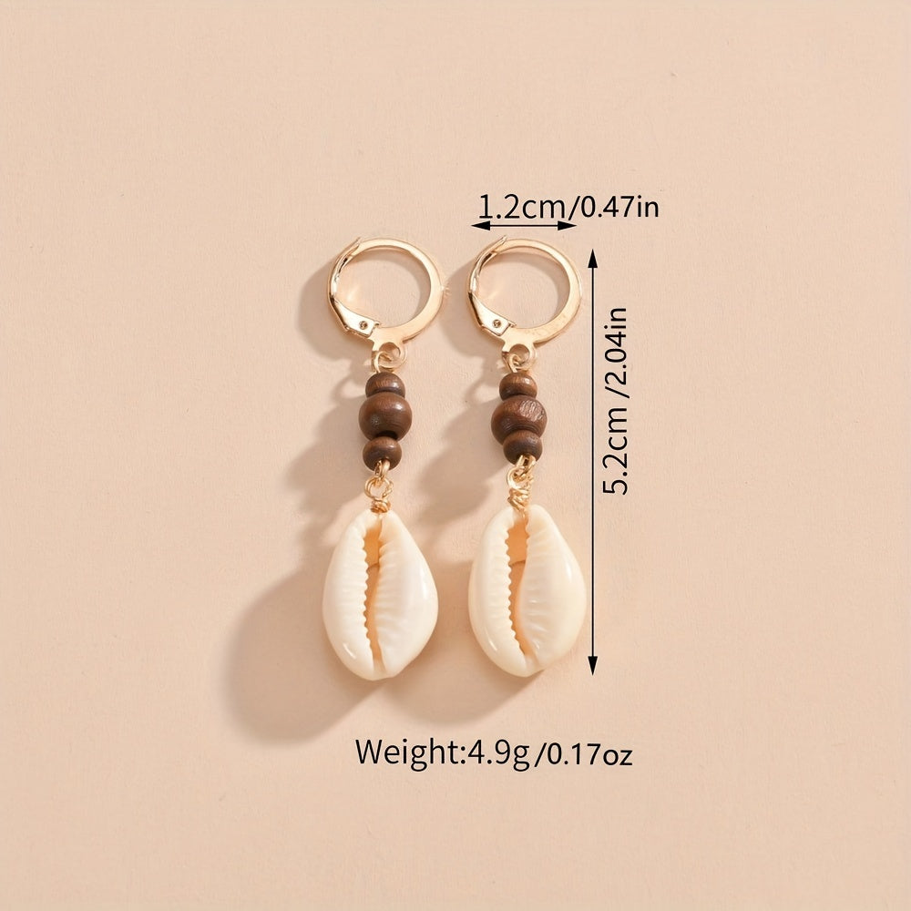 Vintage Seashell Dangle Wooden Bead Earrings For Women