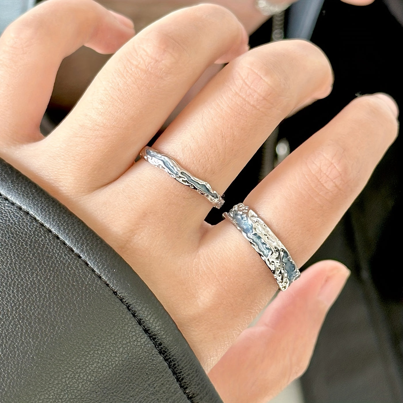 Adjustable Couple's Ring Set - Unique Irregular Texture