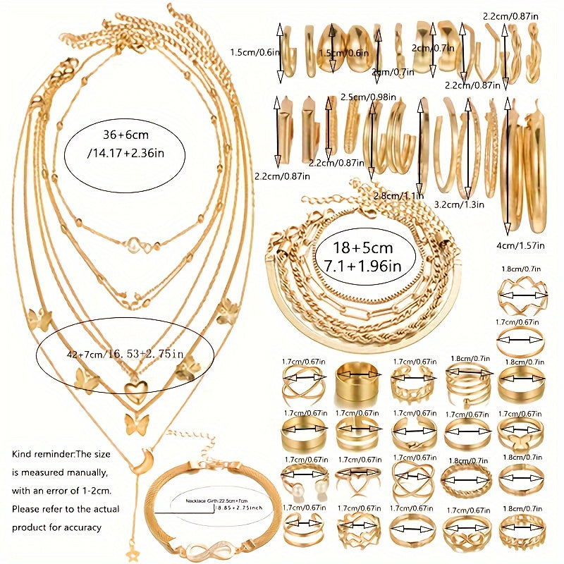 57 Pieces/ Set Golden Necklaces & Rings & Earrings & Bracelets Jewelry Set