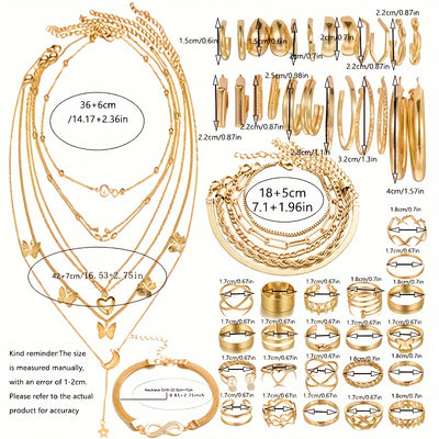 57 Pieces/ Set Golden Necklaces & Rings & Earrings & Bracelets Jewelry Set