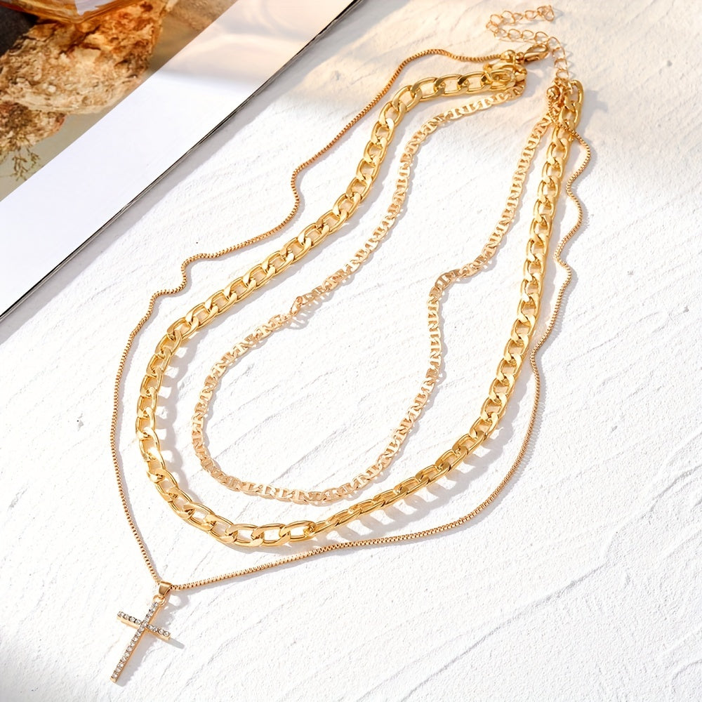 3-Piece Set of Women's Retro Luxury Artificial Crystal Cross Necklaces