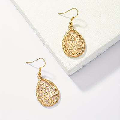 Hollow Golden Flower Pattern Teardrop Dangle Earrings Elegant Style
