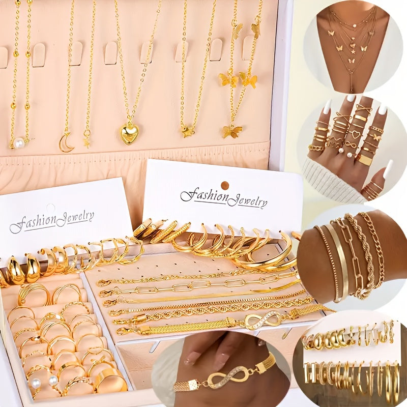 57 Pieces/ Set Golden Necklaces & Rings & Earrings & Bracelets Jewelry Set
