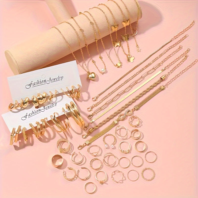 57 Pieces/ Set Golden Necklaces & Rings & Earrings & Bracelets Jewelry Set