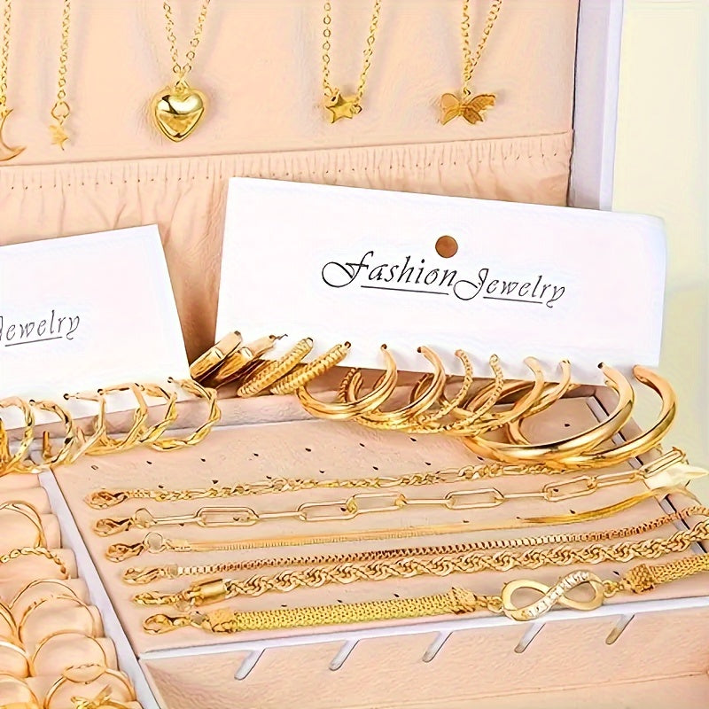 57 Pieces/ Set Golden Necklaces & Rings & Earrings & Bracelets Jewelry Set