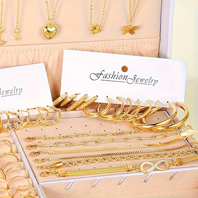 57 Pieces/ Set Golden Necklaces & Rings & Earrings & Bracelets Jewelry Set