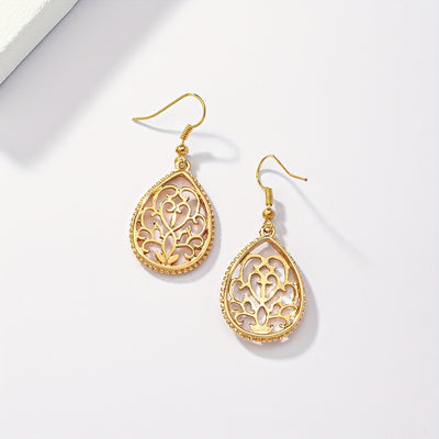 Hollow Golden Flower Pattern Teardrop Dangle Earrings Elegant Style