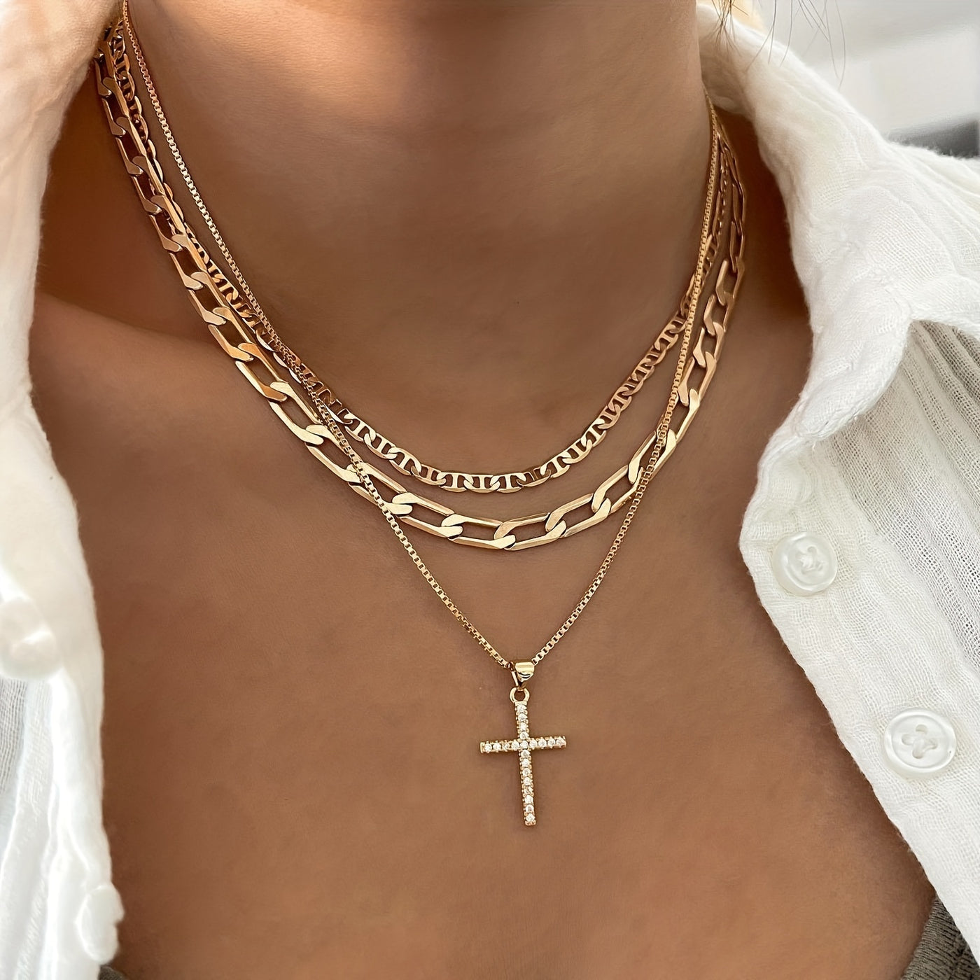 3-Piece Set of Women's Retro Luxury Artificial Crystal Cross Necklaces