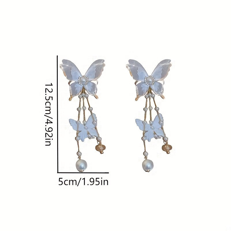 Elegant Butterfly Tassel Earrings with Crystal & Faux Pearl Accents, 925 Silver Posts