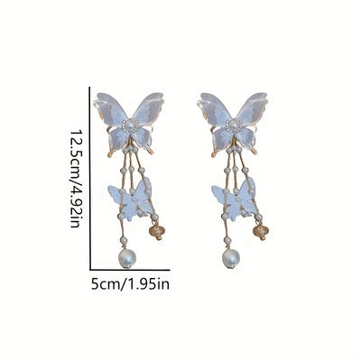 Elegant Butterfly Tassel Earrings with Crystal & Faux Pearl Accents, 925 Silver Posts