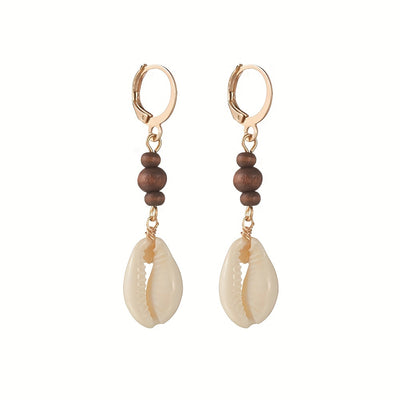 Vintage Seashell Dangle Wooden Bead Earrings For Women