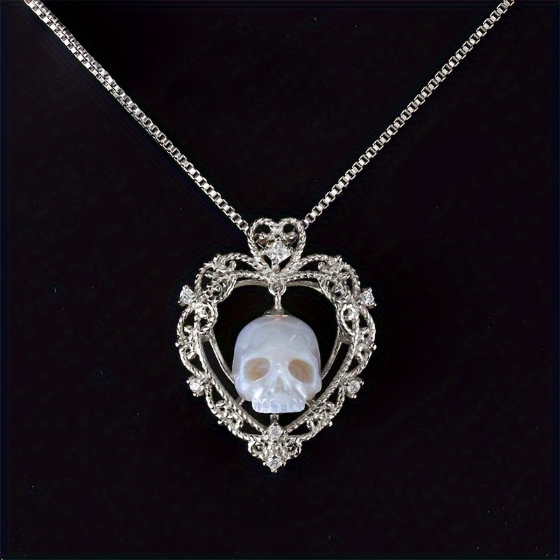 1pc Gothic Skull Carved Imitation Pearl Necklace Love Heart And Soul Necklaces