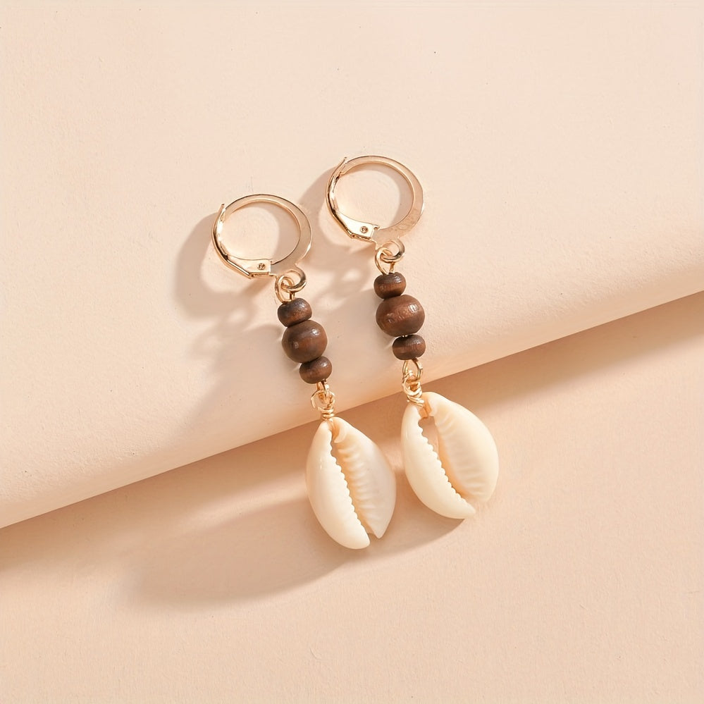 Vintage Seashell Dangle Wooden Bead Earrings For Women