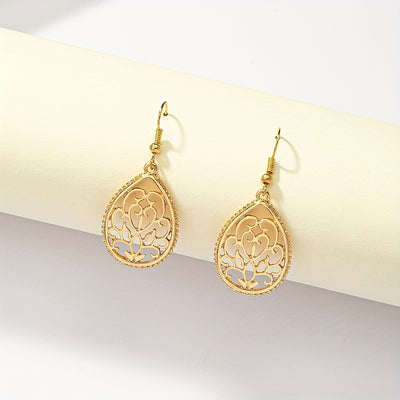 Hollow Golden Flower Pattern Teardrop Dangle Earrings Elegant Style