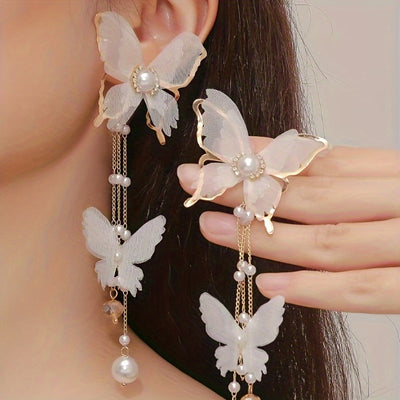 Elegant Butterfly Tassel Earrings with Crystal & Faux Pearl Accents, 925 Silver Posts