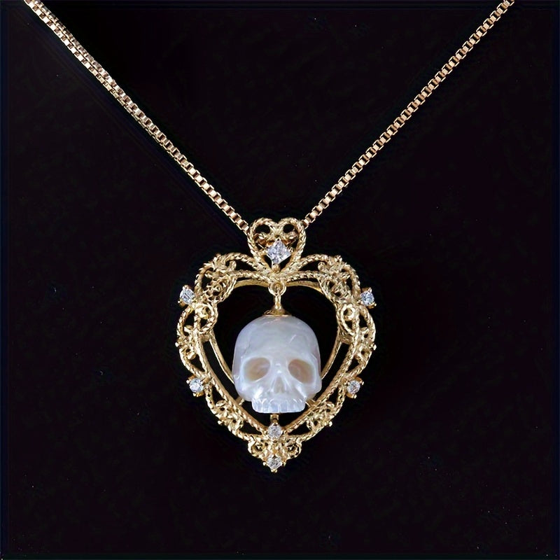 1pc Gothic Skull Carved Imitation Pearl Necklace Love Heart And Soul Necklaces
