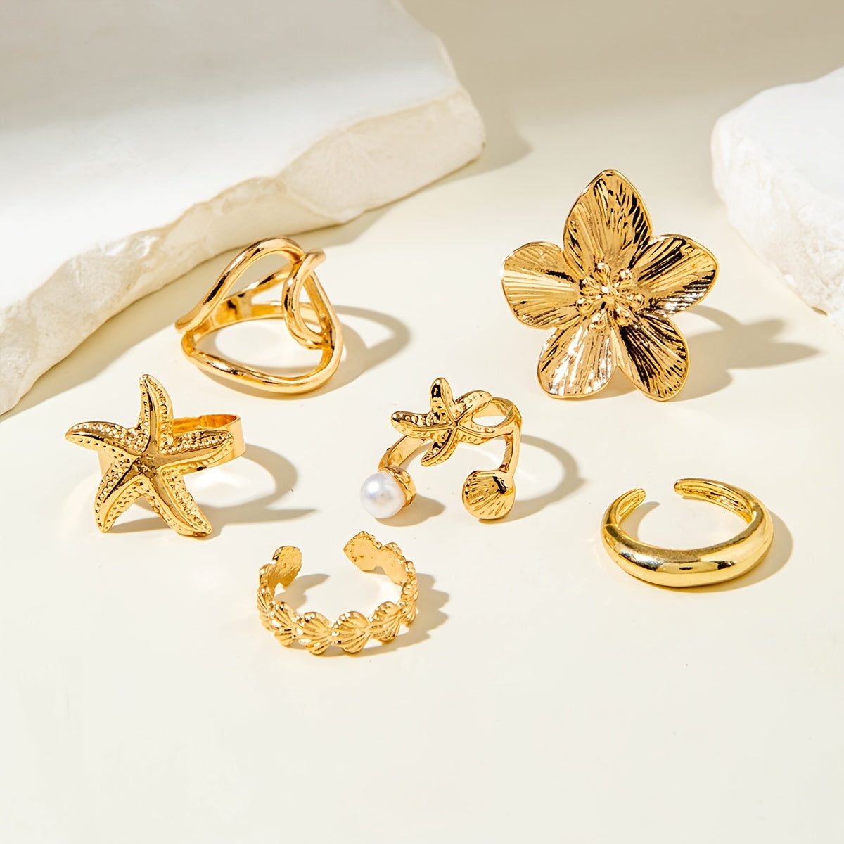 6pcs Fashion Bohemian Starfish Scallop Imitation Pearl Flower Irregular