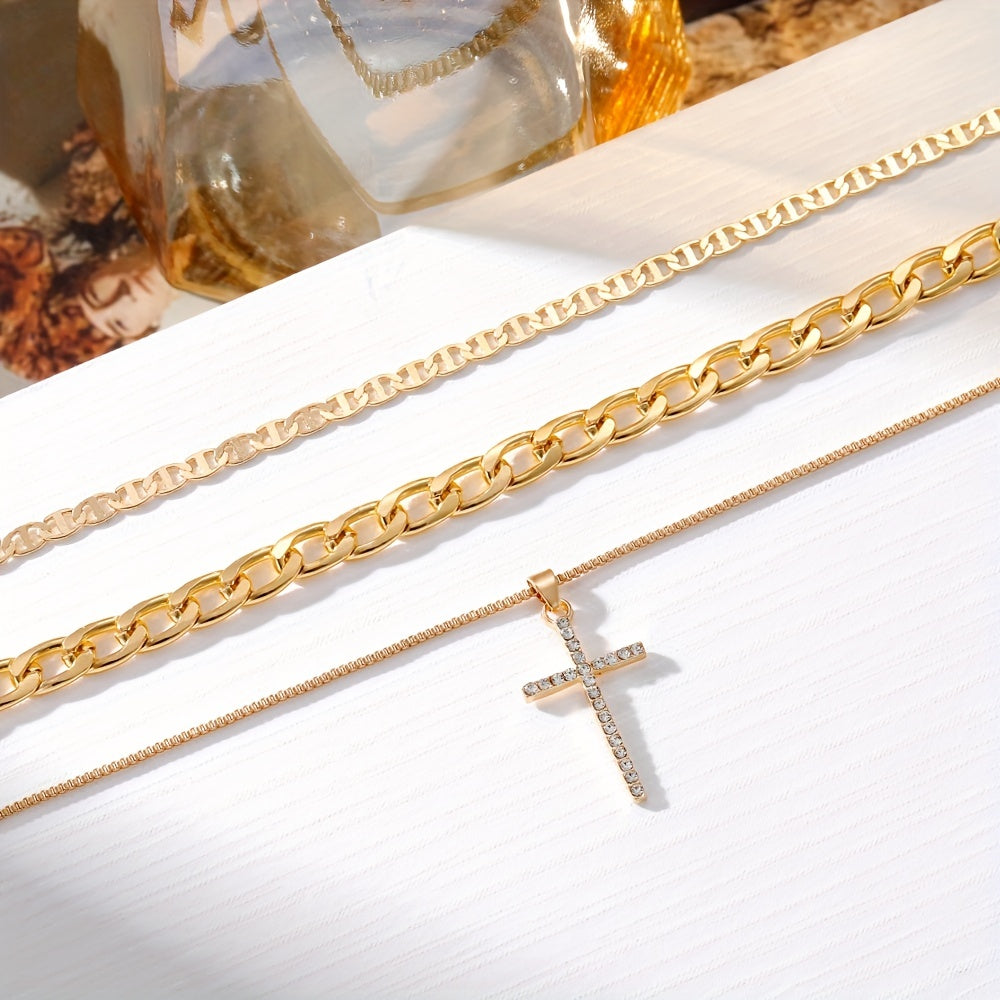 3-Piece Set of Women's Retro Luxury Artificial Crystal Cross Necklaces