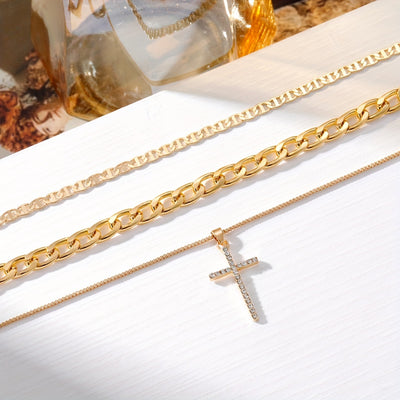 3-Piece Set of Women's Retro Luxury Artificial Crystal Cross Necklaces