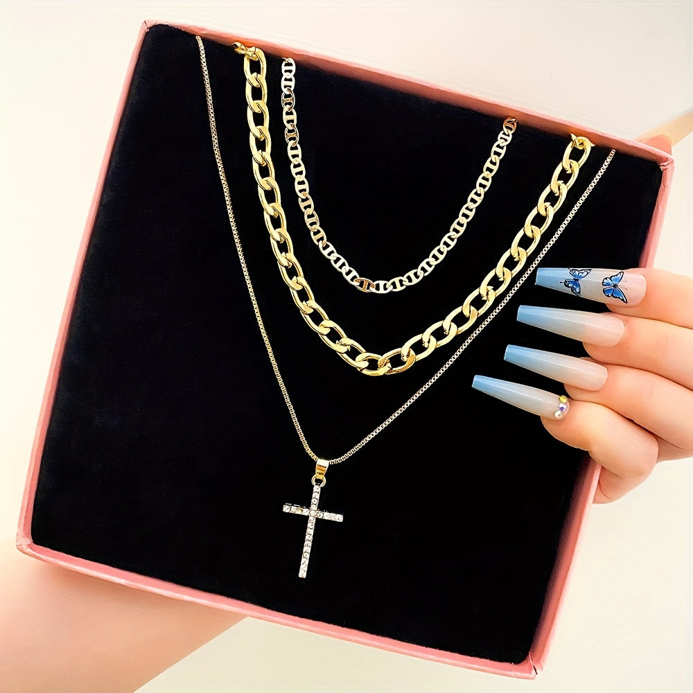 3-Piece Set of Women's Retro Luxury Artificial Crystal Cross Necklaces
