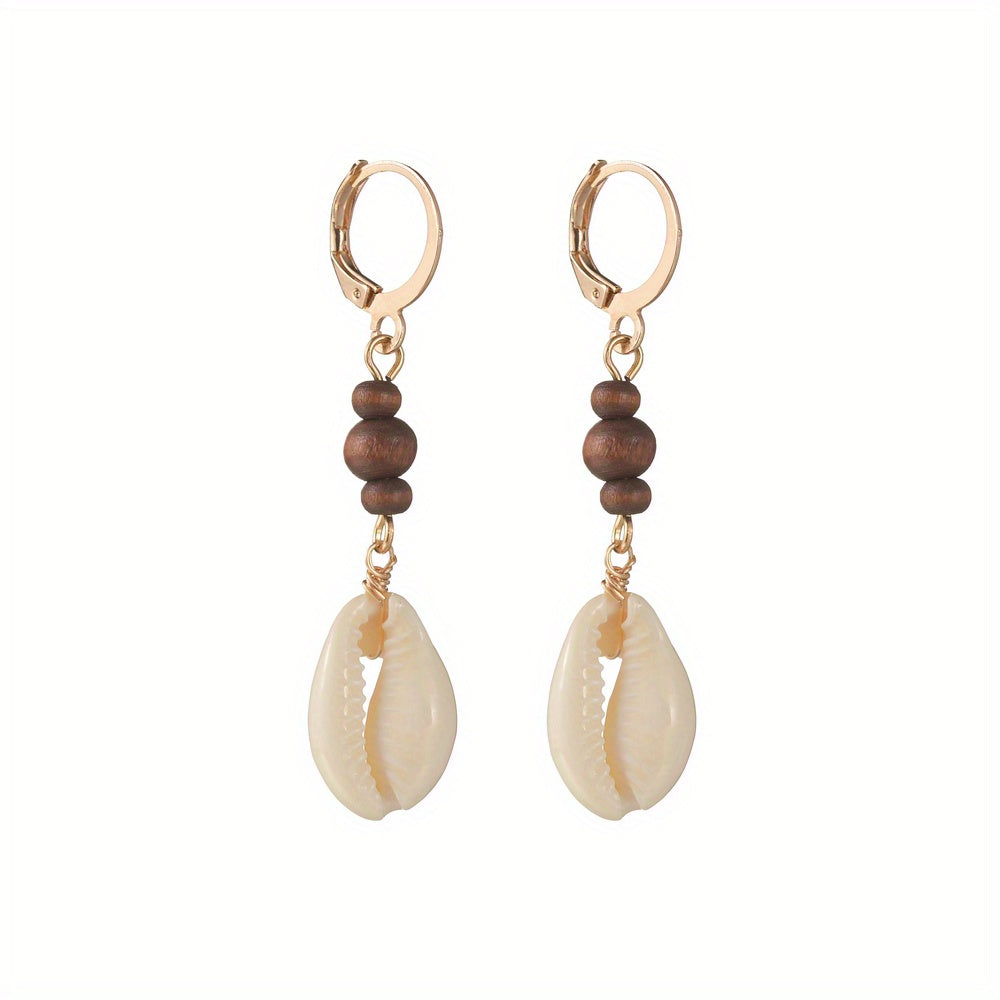 Vintage Seashell Dangle Wooden Bead Earrings For Women