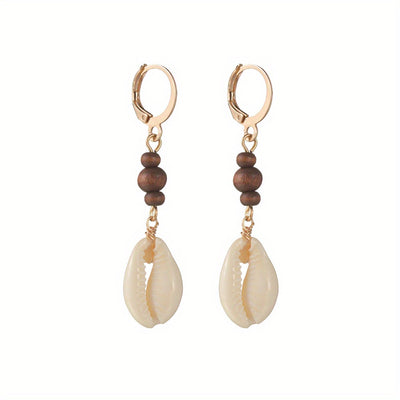 Vintage Seashell Dangle Wooden Bead Earrings For Women
