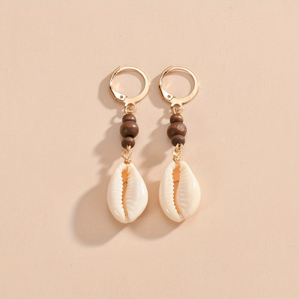 Vintage Seashell Dangle Wooden Bead Earrings For Women