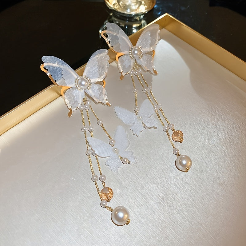 Elegant Butterfly Tassel Earrings with Crystal & Faux Pearl Accents, 925 Silver Posts