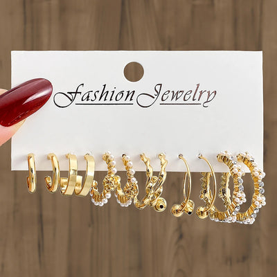 Fashion Gold Pearl Geometric Design Hoop Earrings Set for Women Jewelry