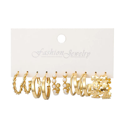 Fashion Gold Pearl Geometric Design Hoop Earrings Set for Women Jewelry