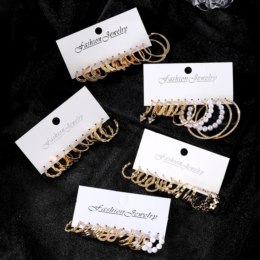 Fashion Gold Pearl Geometric Design Hoop Earrings Set for Women Jewelry