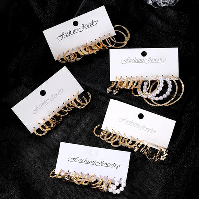 Fashion Gold Pearl Geometric Design Hoop Earrings Set for Women Jewelry