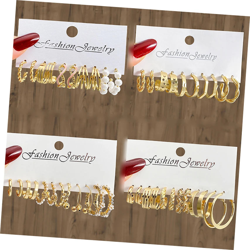 Fashion Gold Pearl Geometric Design Hoop Earrings Set for Women Jewelry