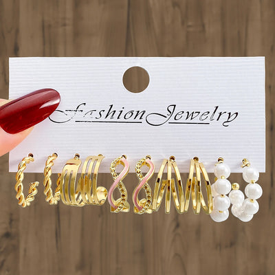 Fashion Gold Pearl Geometric Design Hoop Earrings Set for Women Jewelry