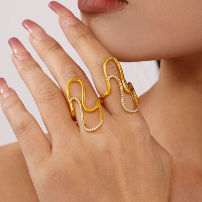 Fashion Women's Ring In Stainless Steel With Shiny Zircon 18k Gold