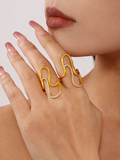 Fashion Women's Ring In Stainless Steel With Shiny Zircon 18k Gold