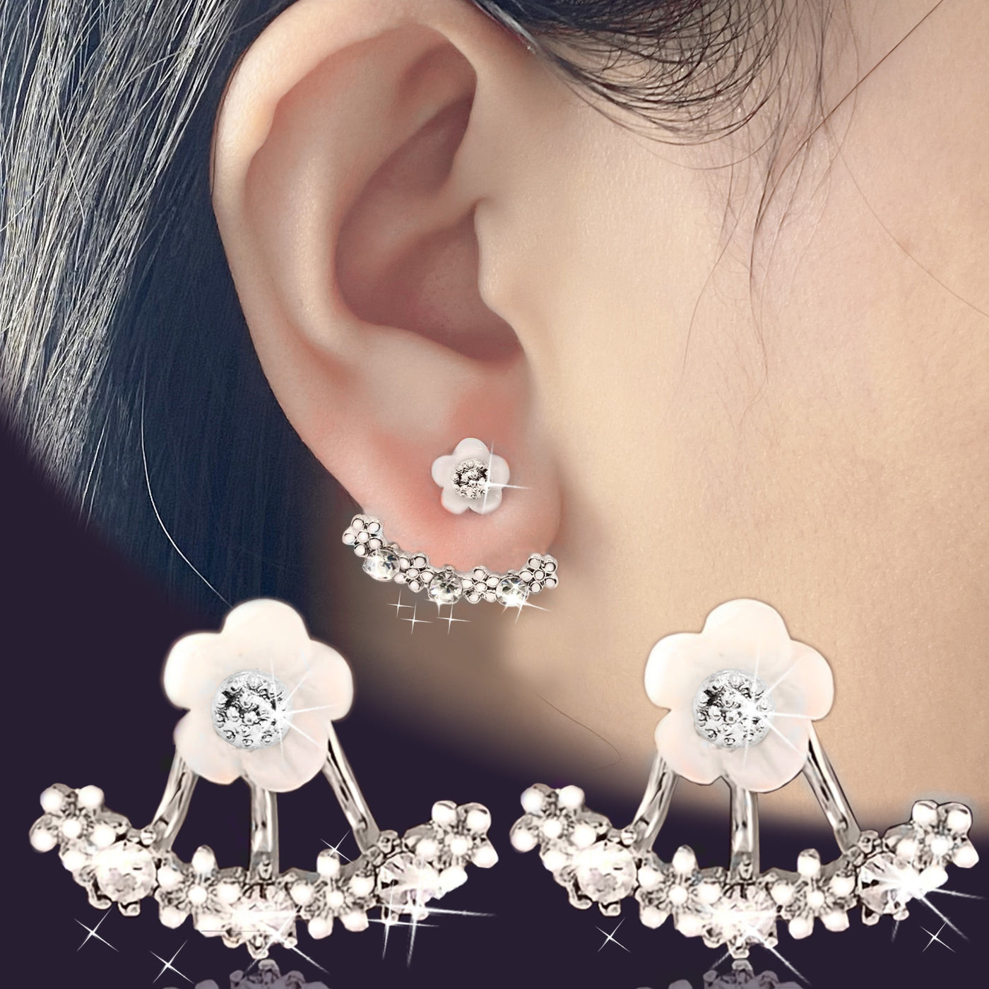 Delicate Flower Shaped Crystal Dangle Earrings