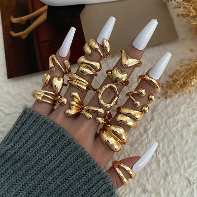 [Retro Punk, Heart Ring Set] 17pcs Exaggerated Retro Punk Style