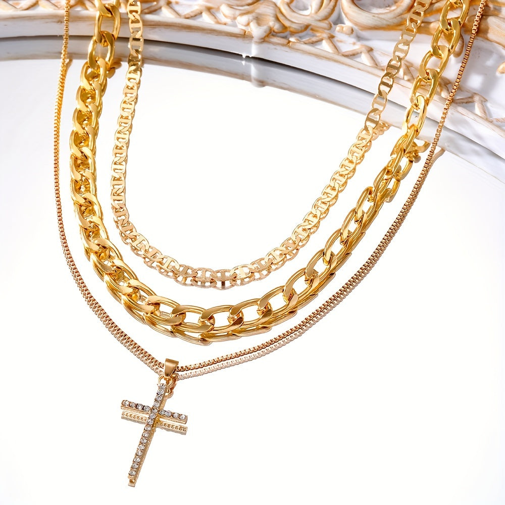 3-Piece Set of Women's Retro Luxury Artificial Crystal Cross Necklaces