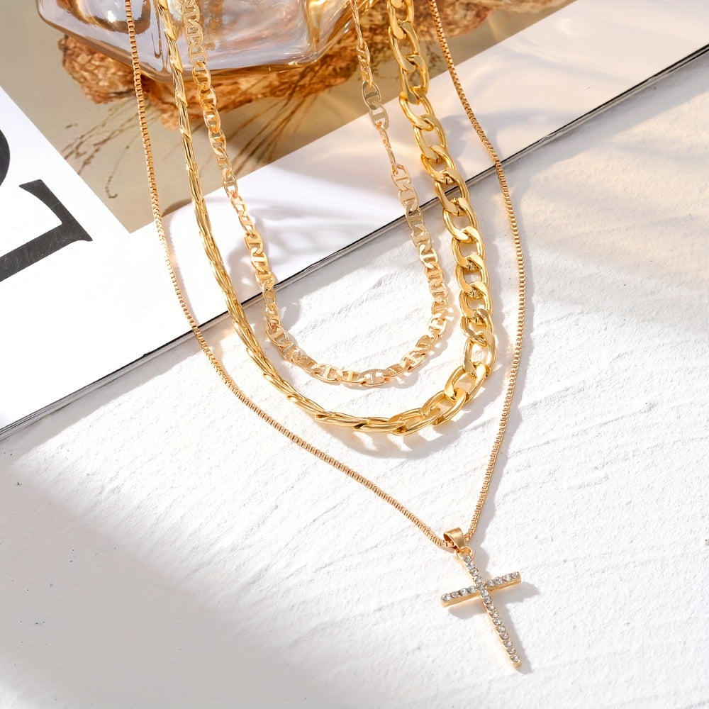 3-Piece Set of Women's Retro Luxury Artificial Crystal Cross Necklaces
