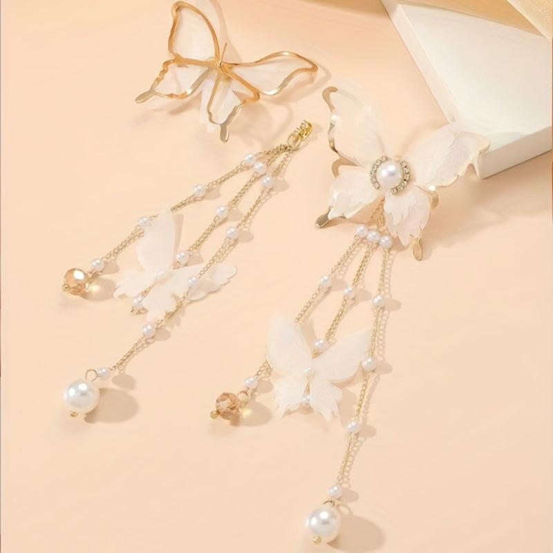 Elegant Butterfly Tassel Earrings with Crystal & Faux Pearl Accents, 925 Silver Posts