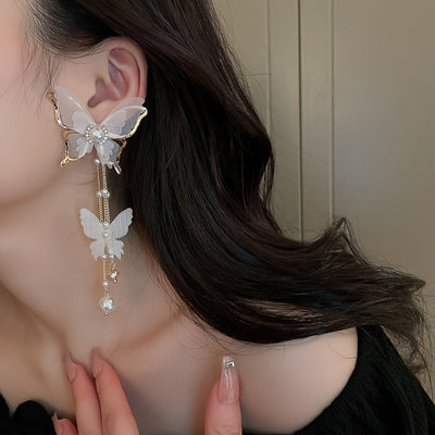 Elegant Butterfly Tassel Earrings with Crystal & Faux Pearl Accents, 925 Silver Posts
