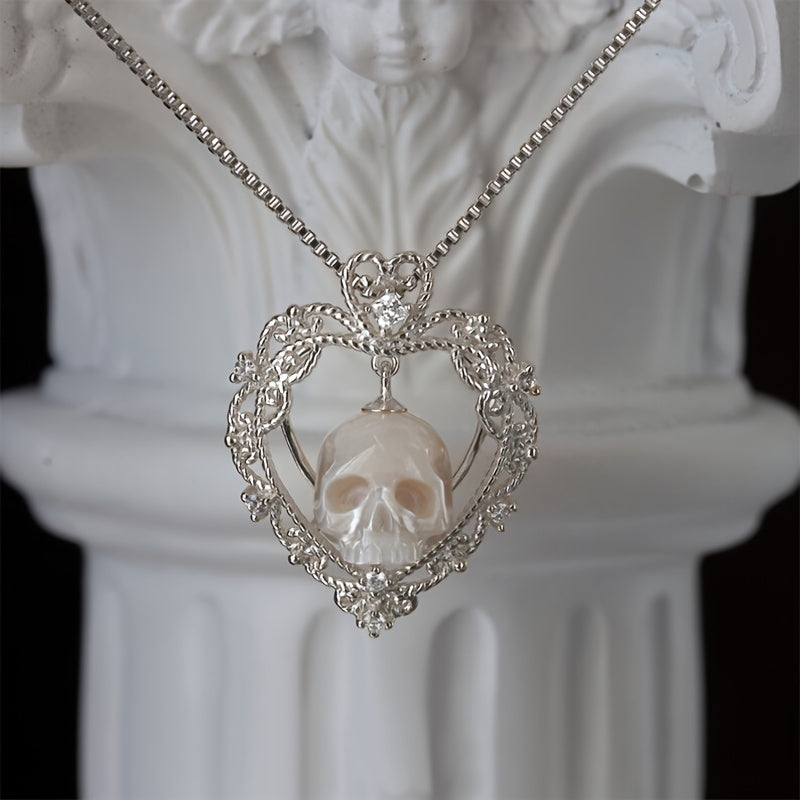 1pc Gothic Skull Carved Imitation Pearl Necklace Love Heart And Soul Necklaces