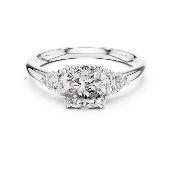 Cushion-cut lab-grown diamond trilogy ring with trillion sides in white gold by THE LAB Jewellers