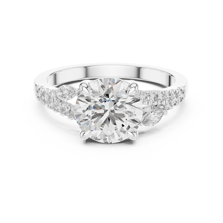 Round lab-grown diamond ring with marquise side stones and pavé band in white gold by THE LAB Jewellers