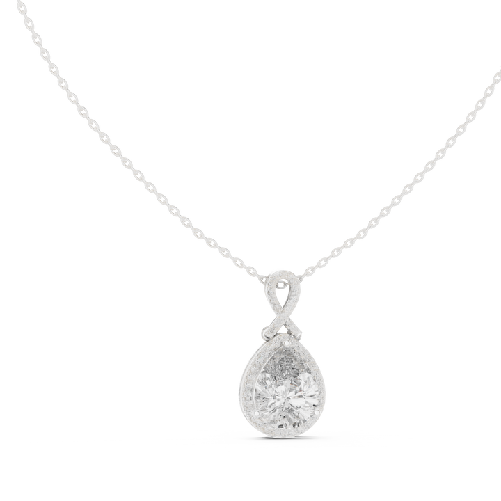 Pear-cut halo lab-grown diamond pendant, front view, in white gold by THE LAB Jewellers