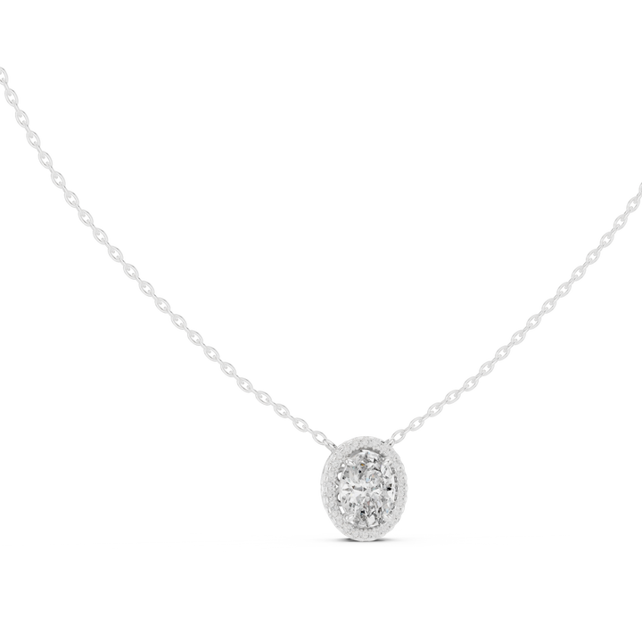Bezel-set oval lab-grown diamond pendant, front view, in white gold by THE LAB Jewellers