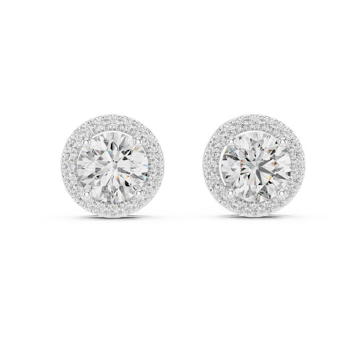 Round brilliant halo lab-grown diamond stud earrings in white gold by THE LAB Jewellers